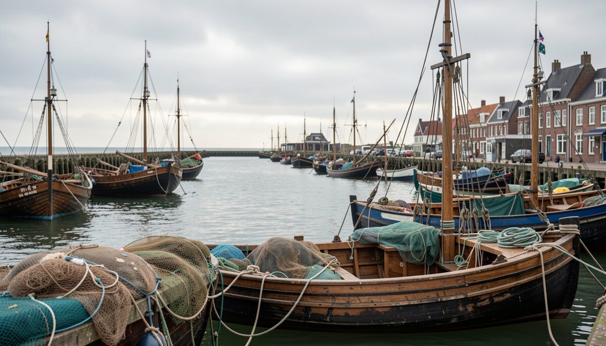 Documentary photo of a historic fishing harbour at the Belgian coast with wooden boats and nets, overcast sky, no text.