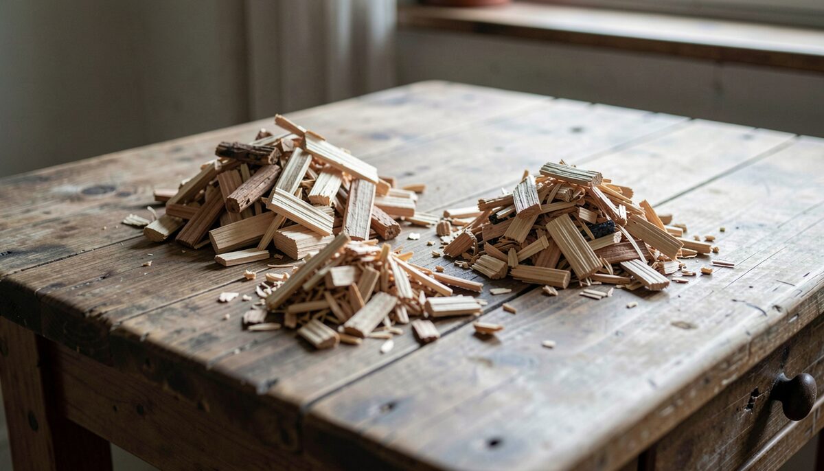 Documentary photo of small piles of wood chips for smoking, beech and oak, on a rustic table, no text.