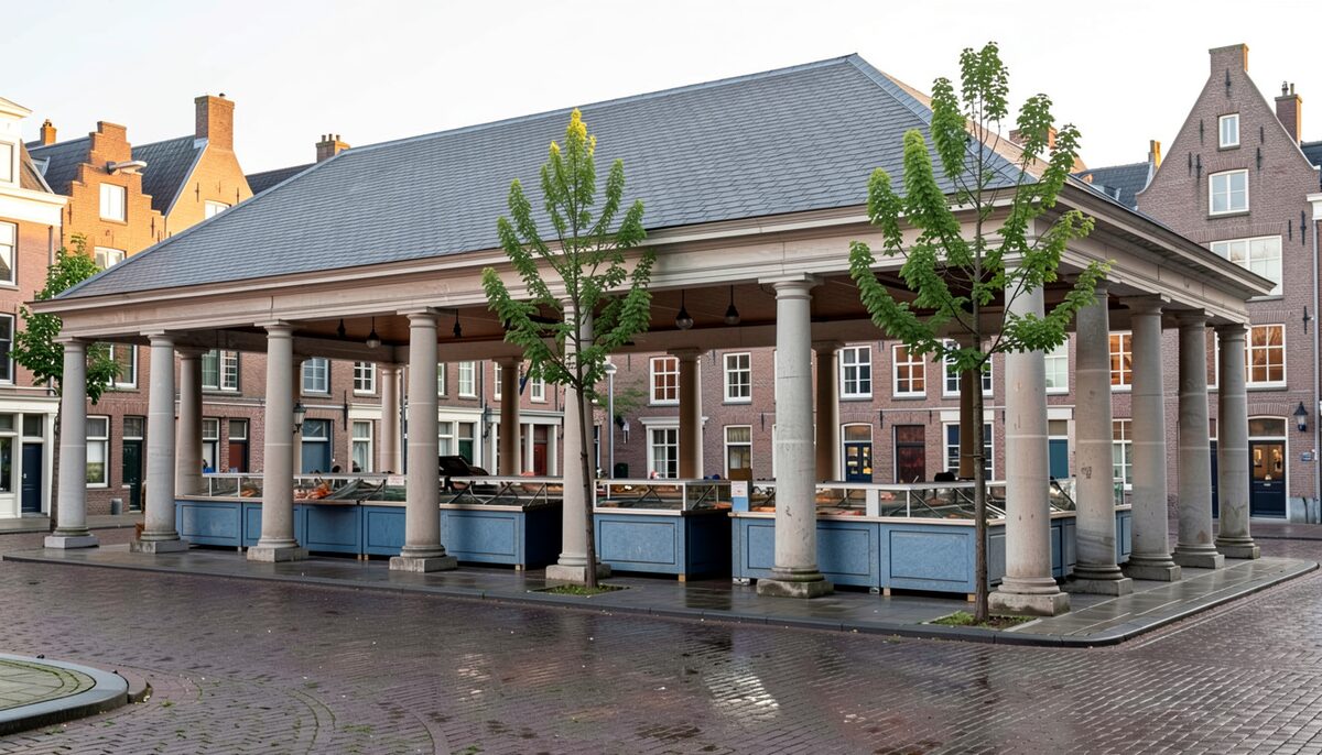 Een neoclassicistische overdekte marktgalerij met stenen zuilen en een leien dak op een nat plein met kasseien, vroeg in de ochtend.
