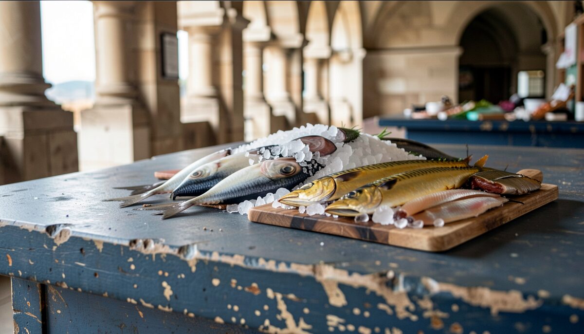 Verse Noordzeevis op ijs en goudgele gerookte makreel op een houten plank, op een oude blauwe marktbank onder een zuilengalerij.